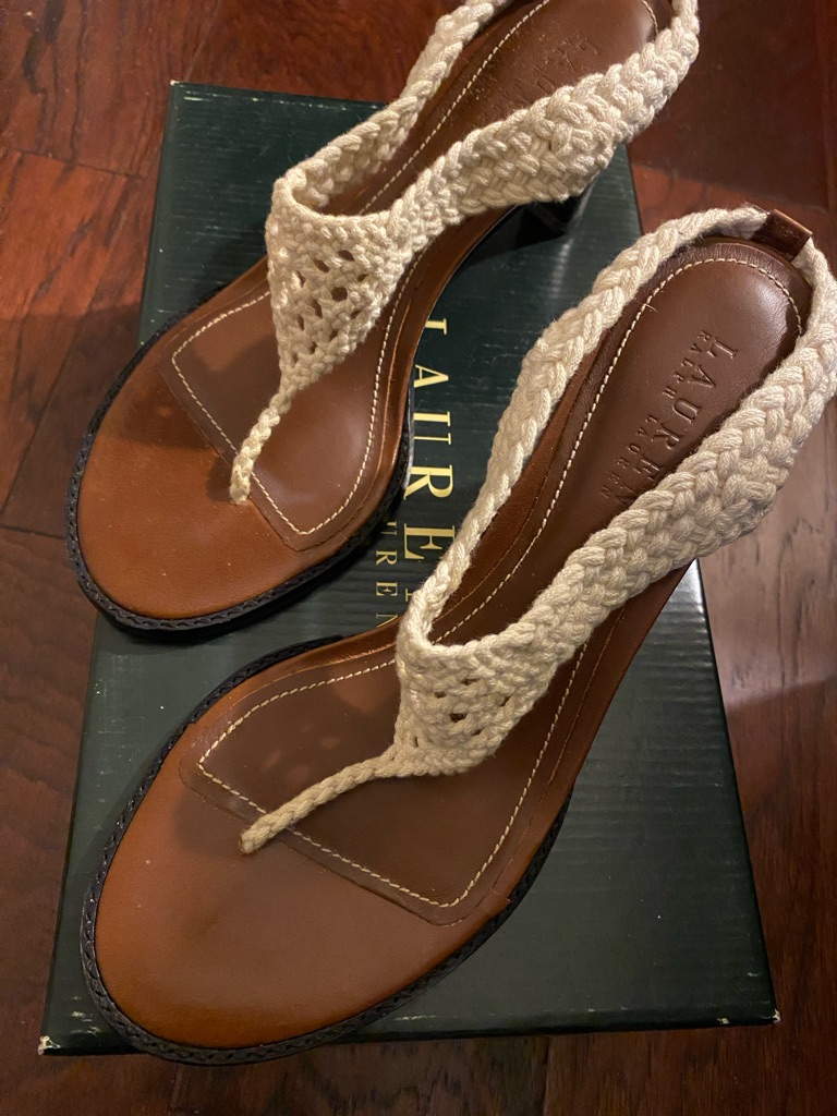 Ralph Lauren Tan Cream Braided Thong Sandal Size 7